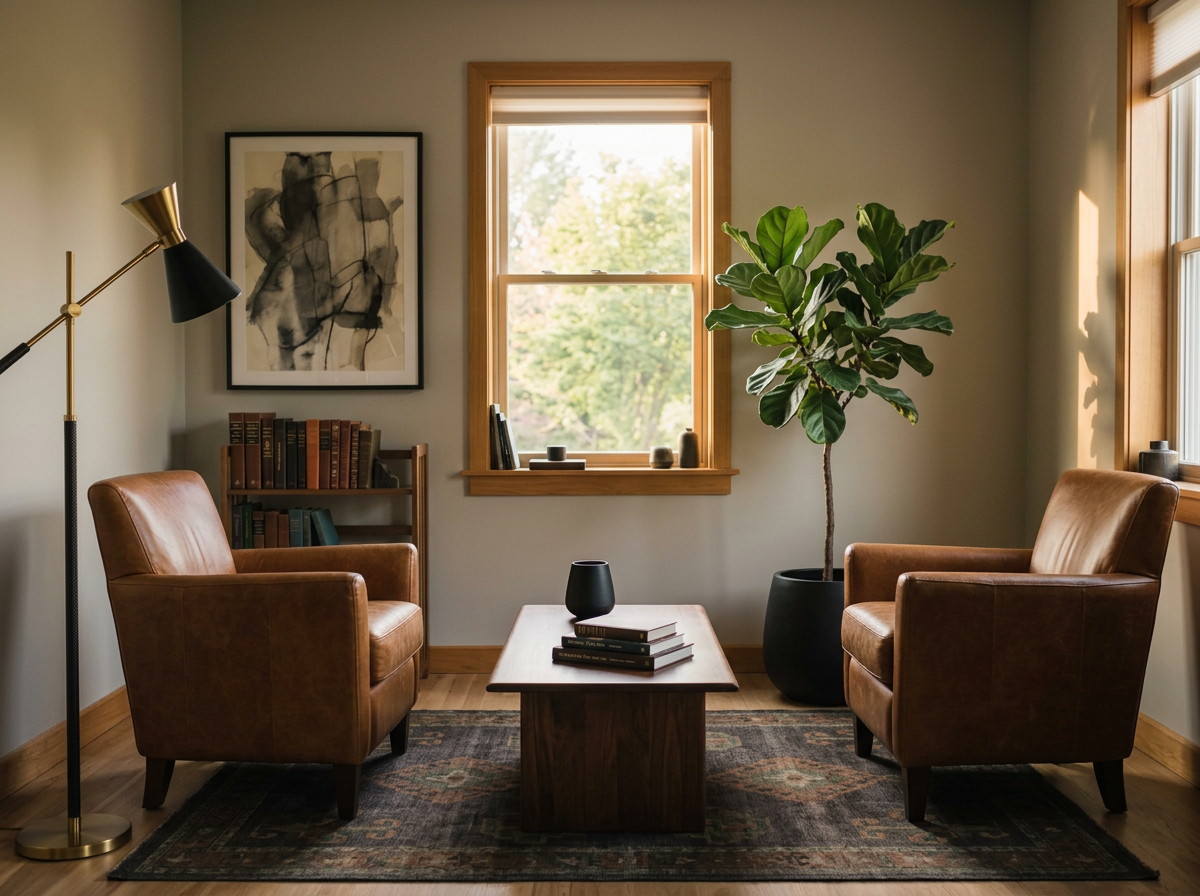 A therapy room set up for two, with matching armchairs and a small plant between them