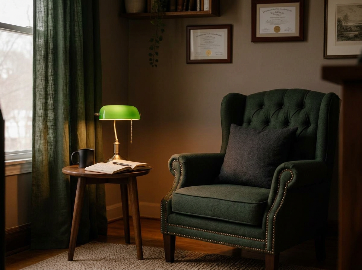 A warm therapy room with a single armchair, side table and soft natural light